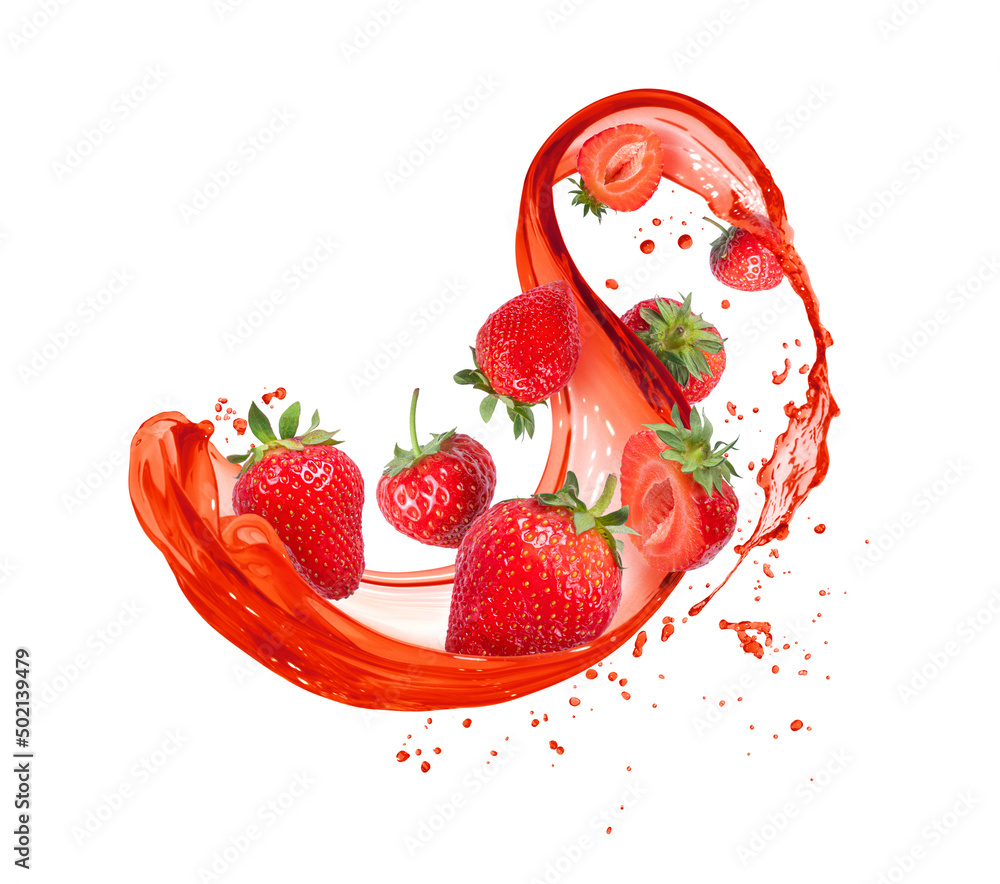 Strawberries in splashes of red juice isolated on a white background