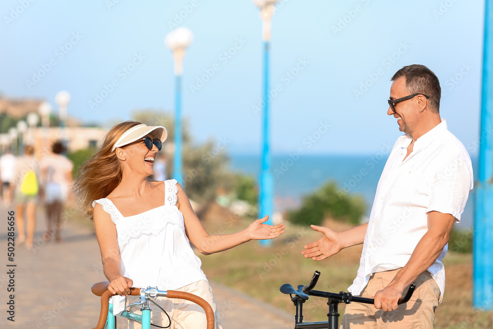 Mature couple with bicycles walking along sea shore on summer day