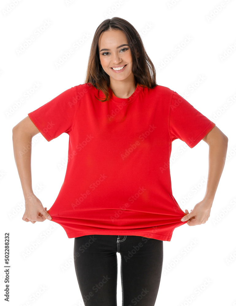 Pretty young woman in stylish t-shirt on white background