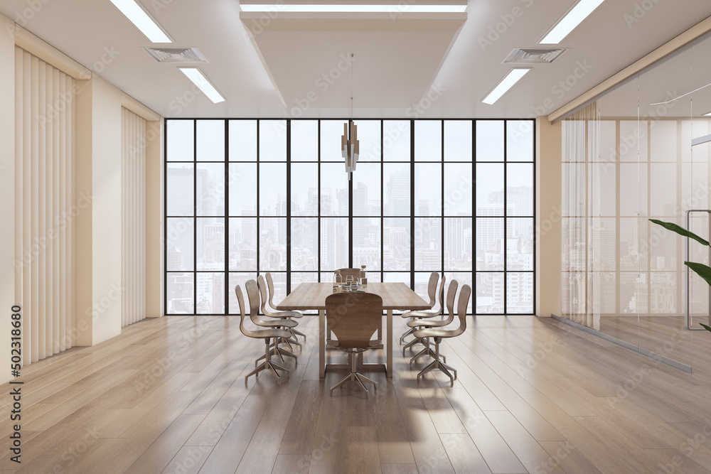 Contemporary glass partition meeting room interior with wooden flooring, furniture and equipment. 3D