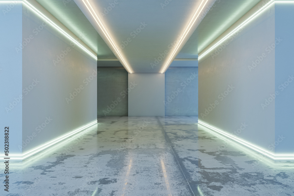 Modern space corridor interior with white lights and mock up place on wall. Technology and architect