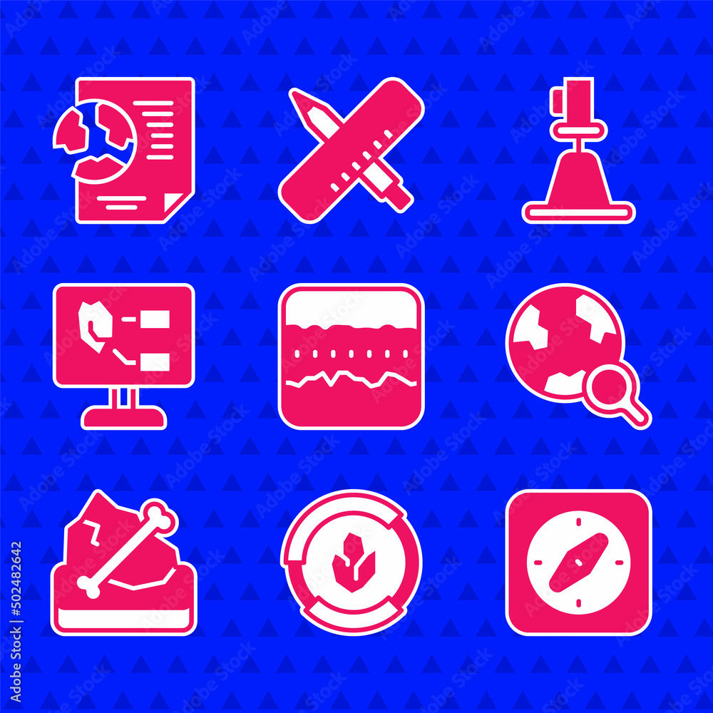 Set Soil ground layers, analysis, Compass, Magnifying glass with globe, Archeology, Tacheometer, the
