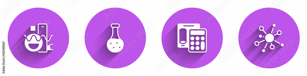 设置带有长阴影的基本几何形状、试管、计算器和分子图标。矢量