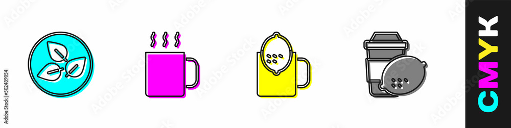 Set Tea leaf, Cup of tea, with lemon and icon. Vector