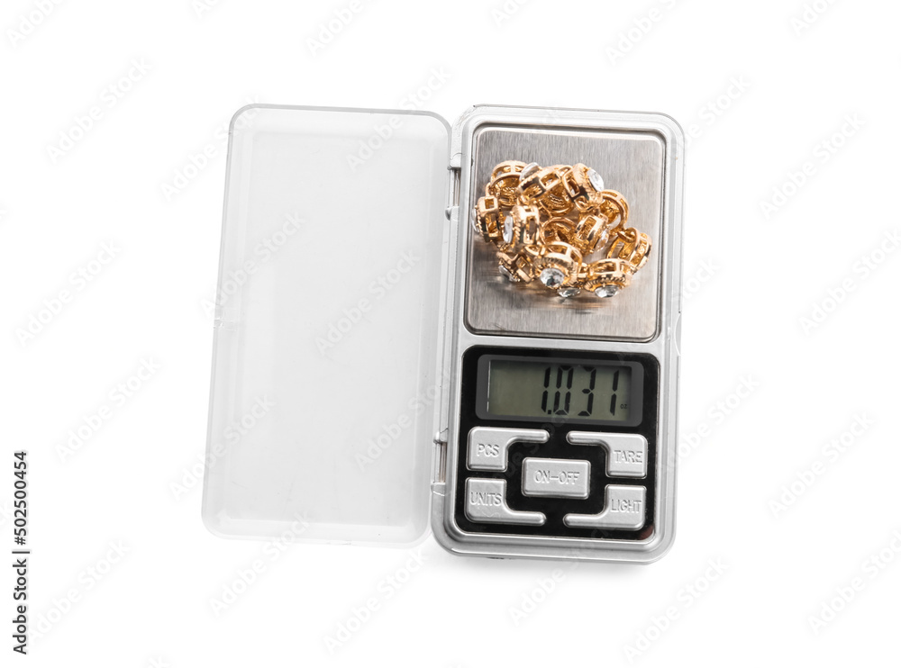 Jewelry scales with chain on white background