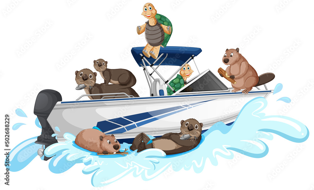 Group of amphibian animals on speedboat