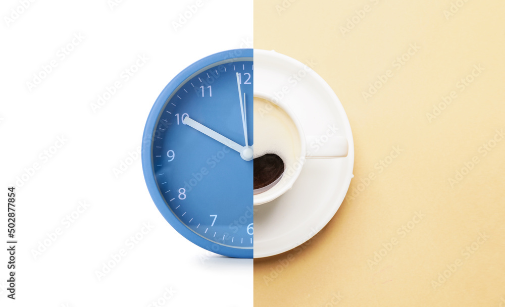 Collage with clock and cup of hot coffee on color background