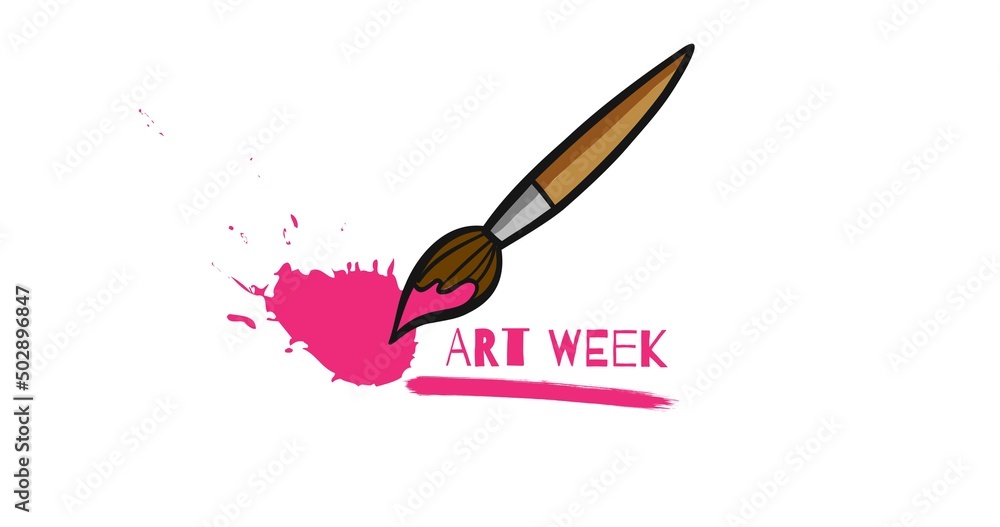 Illustration of paint brush with pink paint and art week text on white background