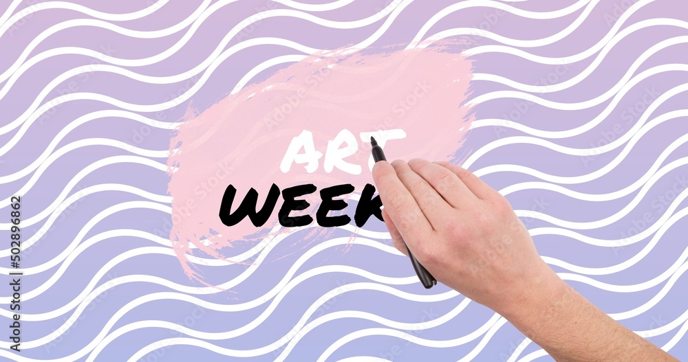 Cropped hand of caucasian man with felt tip pen over art week text on wavy patterned background