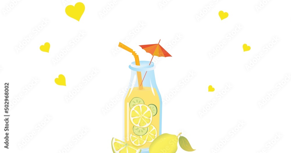 Illustrative image of lemonade in bottle with yellow heart shapes on white background, copy space