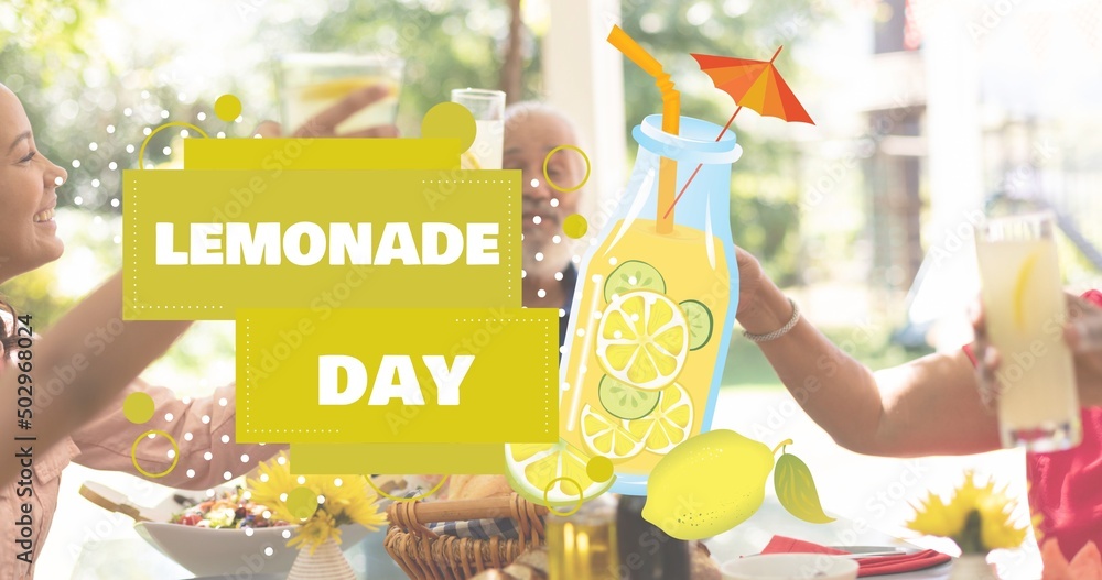 Composite of lemonade day text with bottle, lemon and caucasian family toasting lemonade at lunch