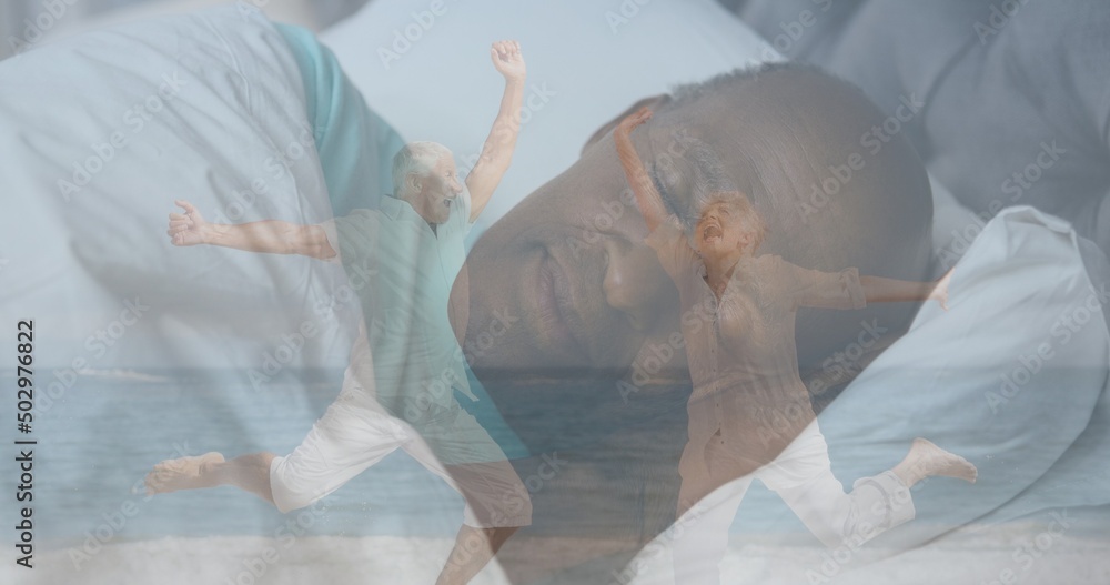 Multiple image of african american senior man sleeping on bed and caucasian senior couple at beach