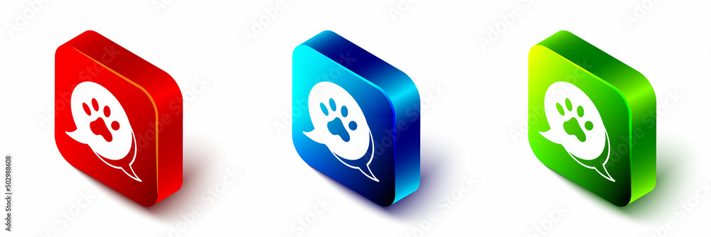 Isometric Paw print icon isolated on white background. Dog or cat paw print. Animal track. Red, blue