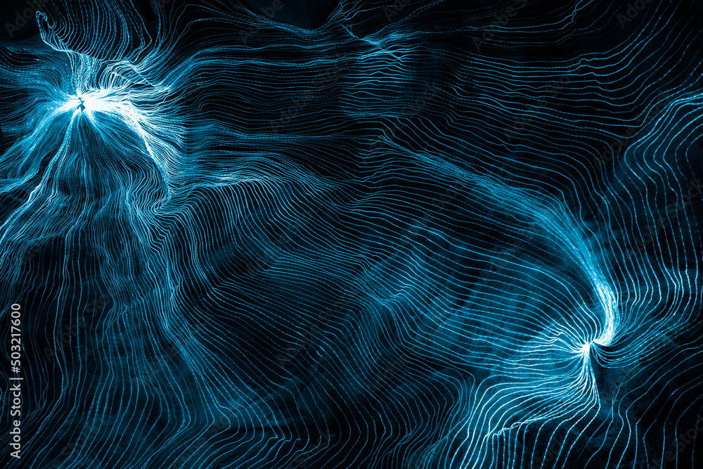 Abstract wave of digital weave lines connecting network dots and dark background . Modern 3D mesh pa