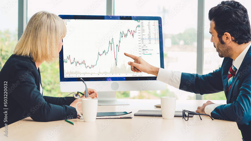 Stock market data chart analysis by ingenious computer software . Investment application display sto