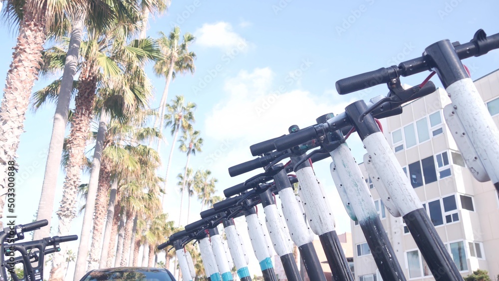 Row of rental electric scooters parked on street sidewalk, many palm trees in city near Los Angeles,