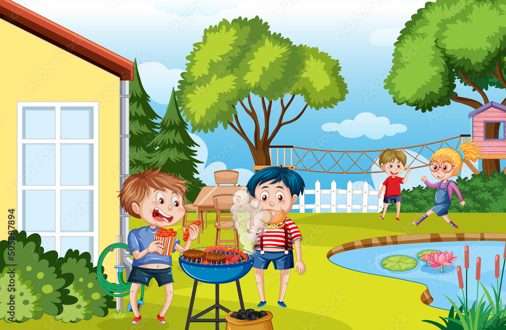 Backyard background with cartoon kids