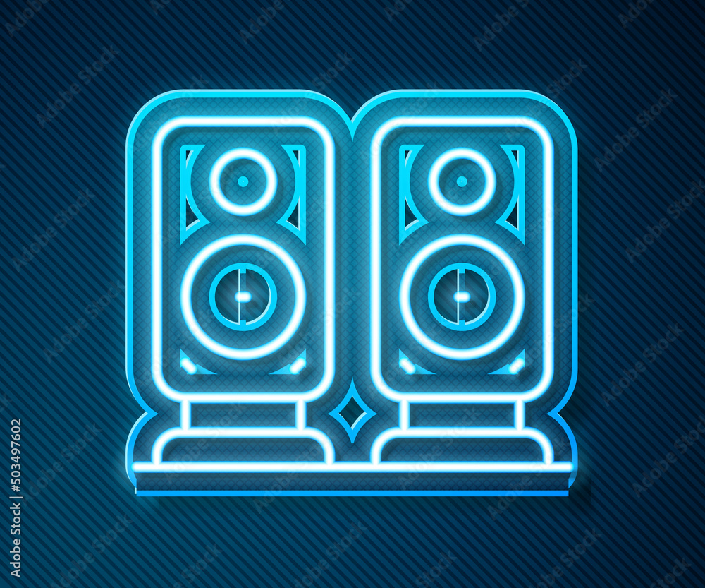 Glowing neon line Stereo speaker icon isolated on blue background. Sound system speakers. Music icon