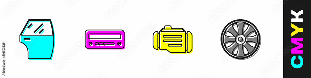 设置车门、音频、检查发动机和汽车图标的合金车轮。矢量