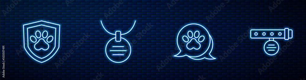 Set line Paw print，Animal health insurance，Collar with name tag and.Glowing neon icon on brick w（设定线