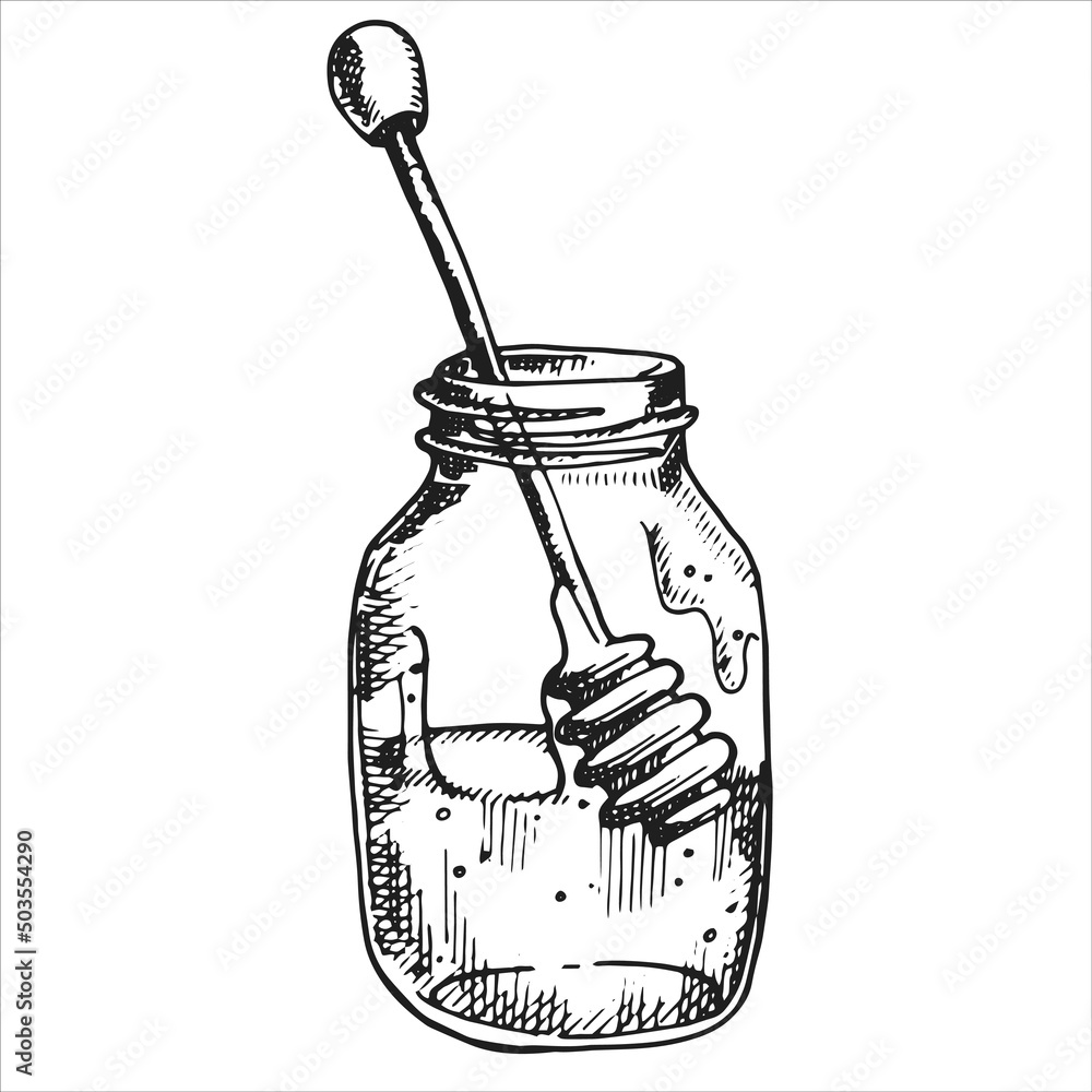 vector drawing in vintage style. honey. jar with honey, honeycombs. eco friendly product, food. grap