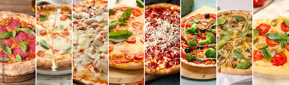 Set of delicious hot pizzas, closeup