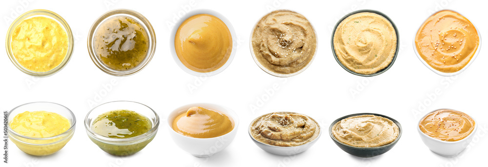 Set of different tasty sauces in bowls on white background