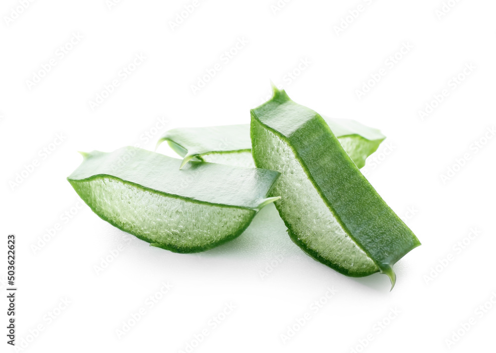 Slices of aloe plant leaf on white background