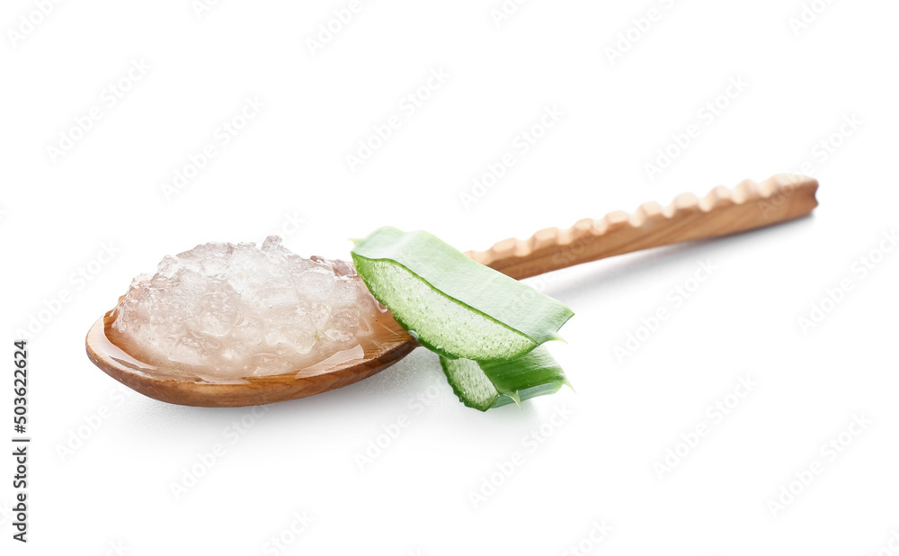 Wooden spoon with aloe vera gel on white background