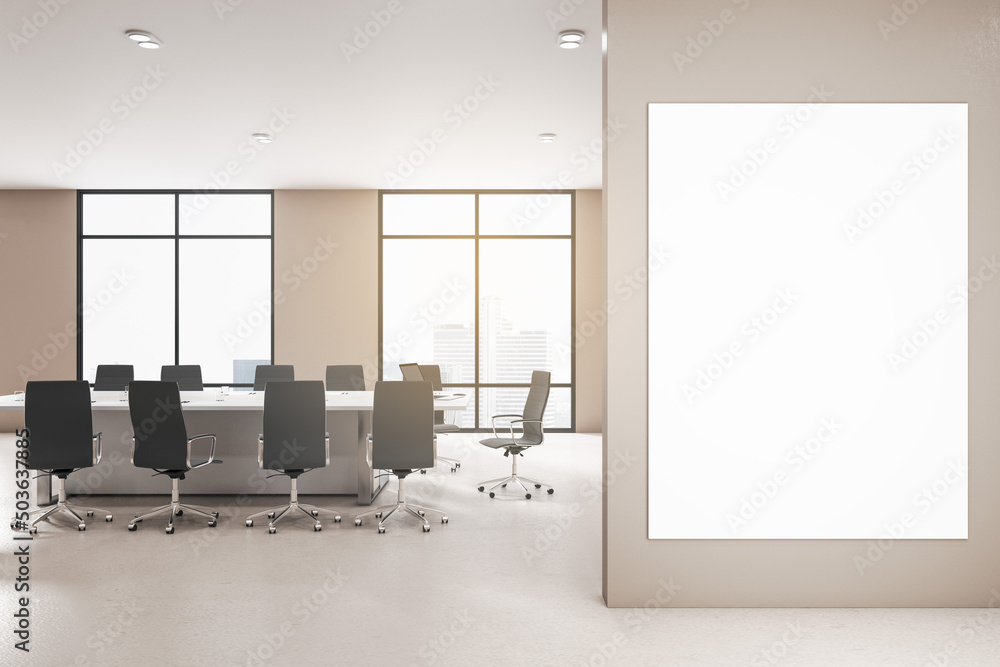 Modern meeting room interior with empty mock up poster on wall, furniture, city view and daylight. 3