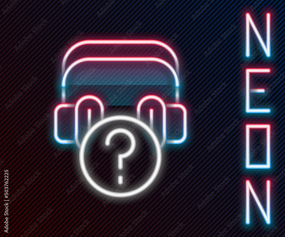 Glowing neon line Headphones with question icon isolated on black background. Support customer servi