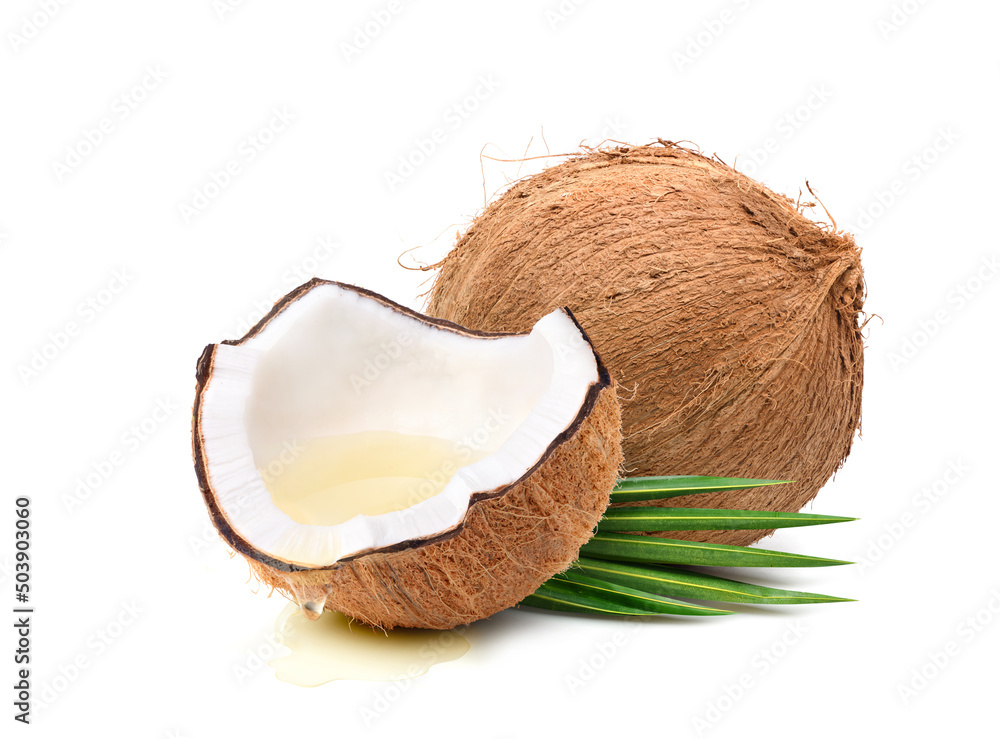 Coconut oil dripping from coconut fruits cut in half isolated on white background.