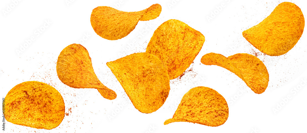 Spicy potato chips isolated on white background 