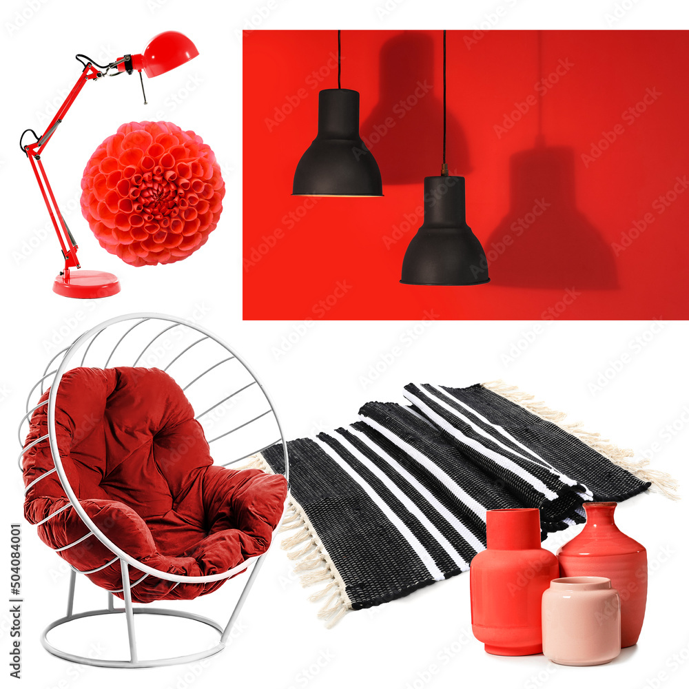 Different stylish decor in red colors for interior of room on white background