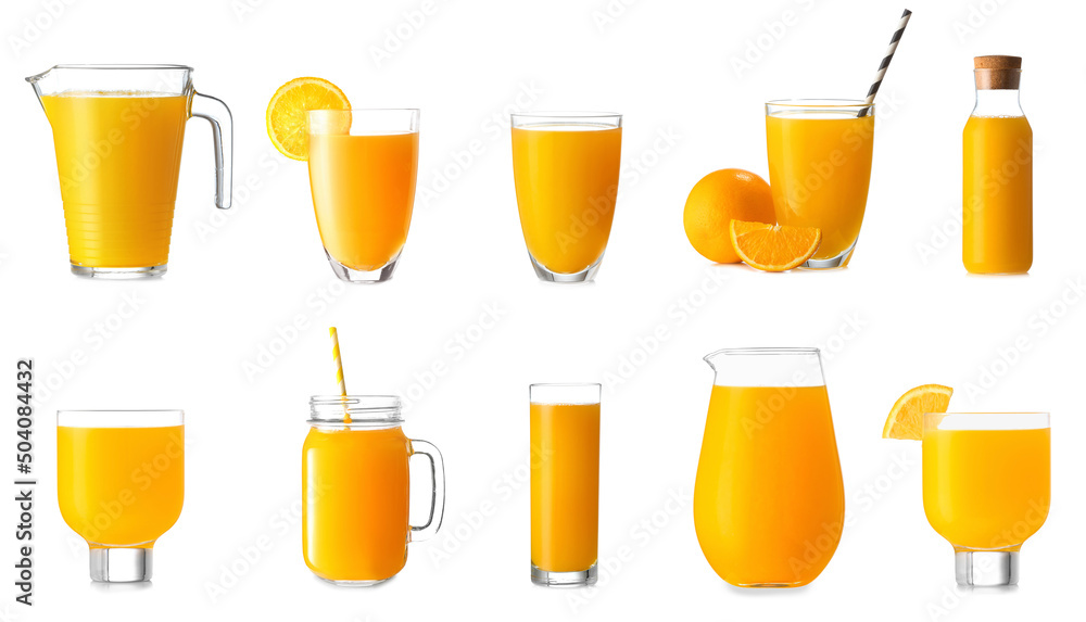 Many glassware of tasty orange juice isolated on white