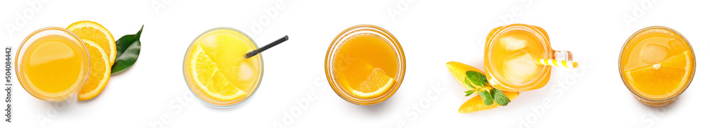 Many glassware of fresh orange juice on white background, top view