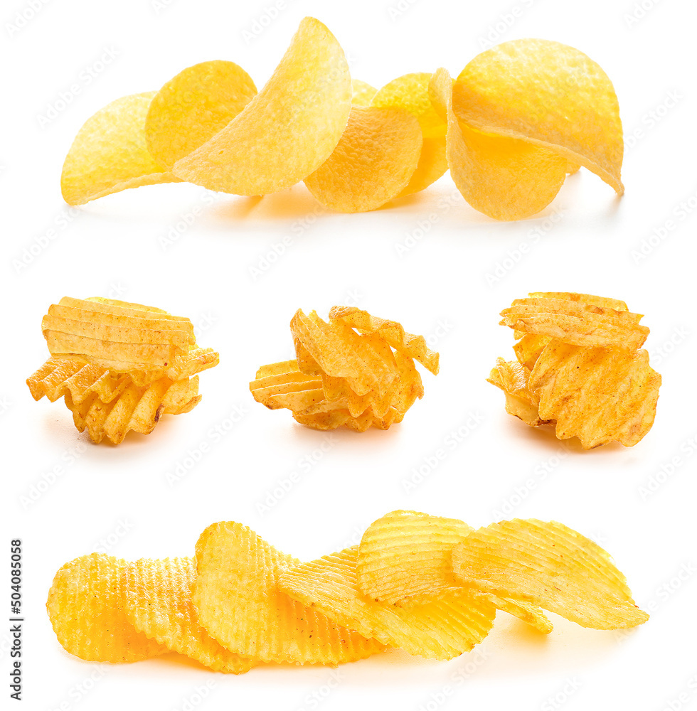 Different tasty potato chips on white background