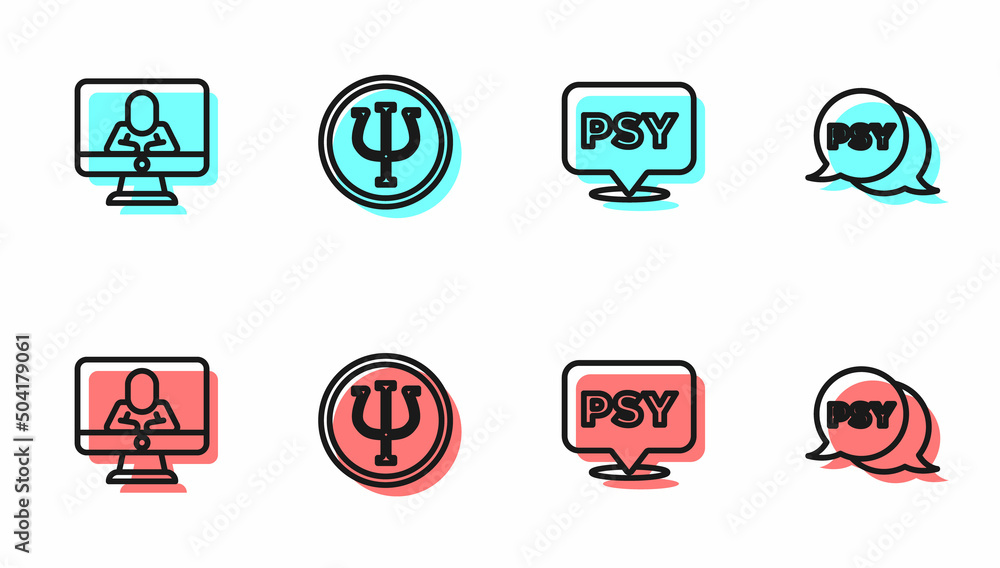 Set line Psychology, Psi, Psychologist online, and icon. Vector