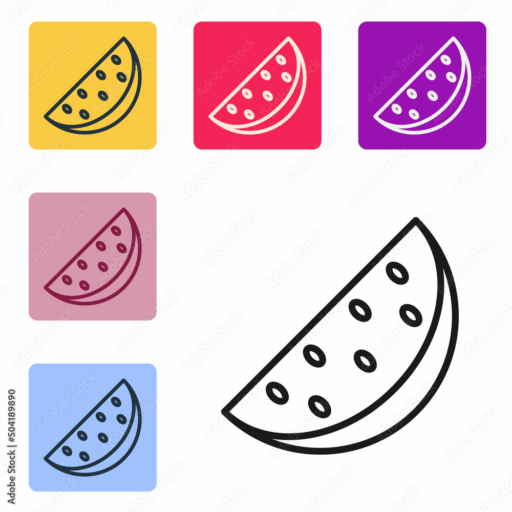 Black line Watermelon icon isolated on white background. Set icons in color square buttons. Vector