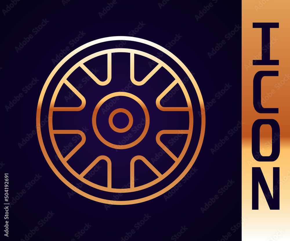 Gold line Alloy wheel for car icon isolated on black background. Vector