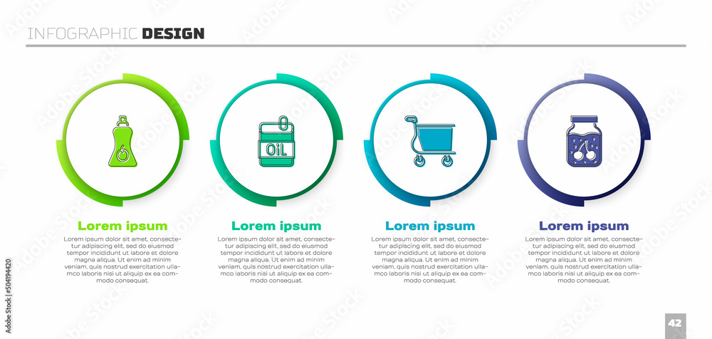 设置酱汁瓶、橄榄油瓶、购物车和果酱罐。商业信息图模板。Vec
