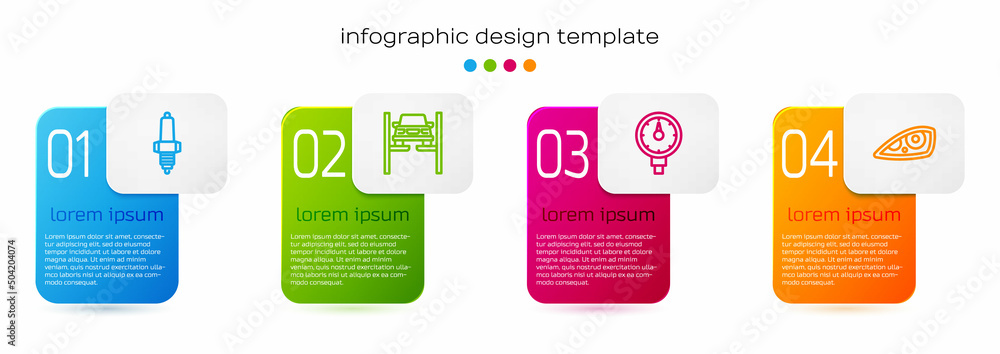设置线路汽车火花塞，维修举升车，轮胎压力表和前照灯。商业信息图