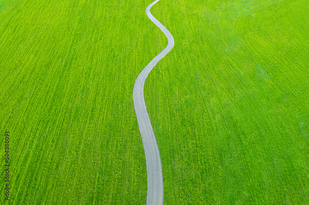 蜿蜒的柏油路覆盖着绿草。无人机视角，极简主义背景