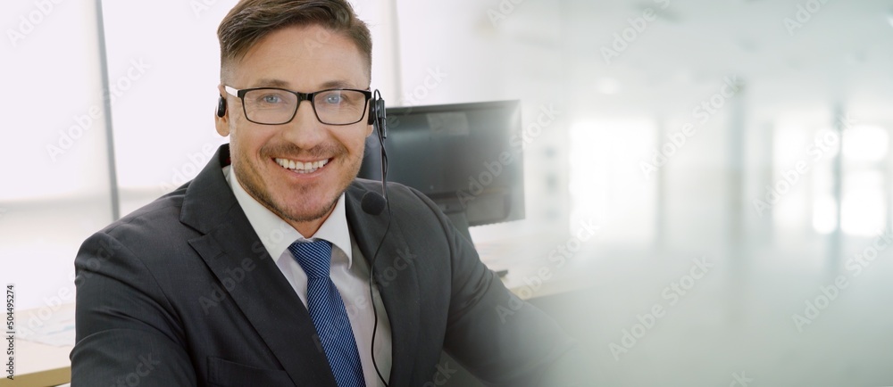 Business people wearing headset working in office to support remote customer or colleague. Call cent