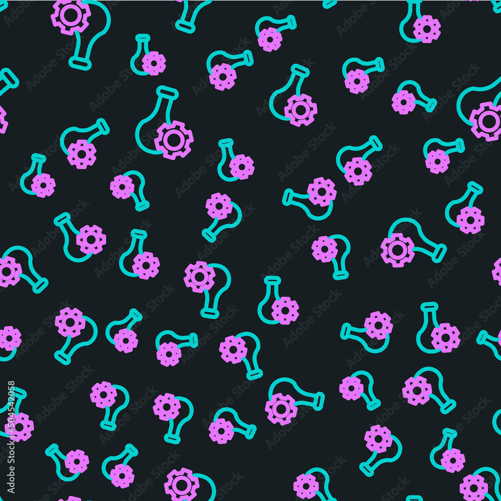 Line Test tube and flask chemical laboratory test icon isolated seamless pattern on black background