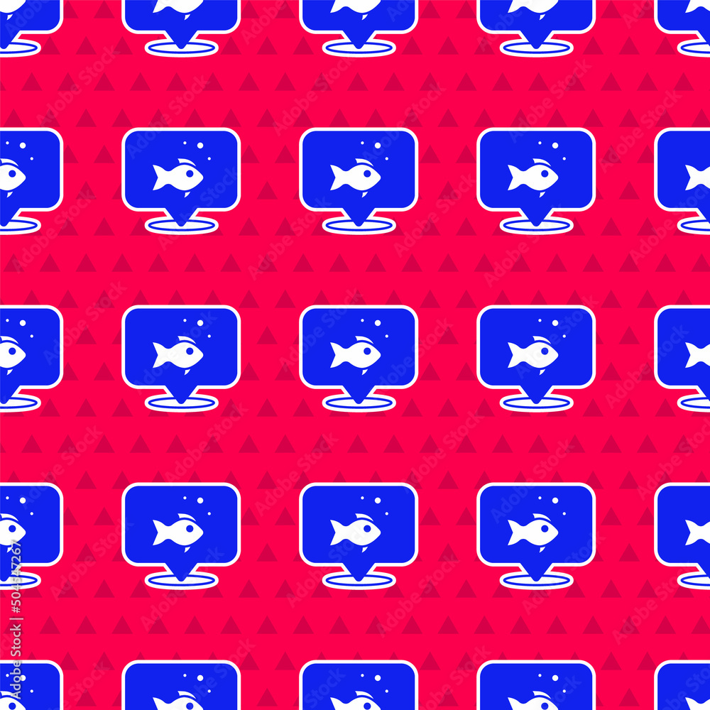 Blue Fish icon isolated seamless pattern on red background. Vector