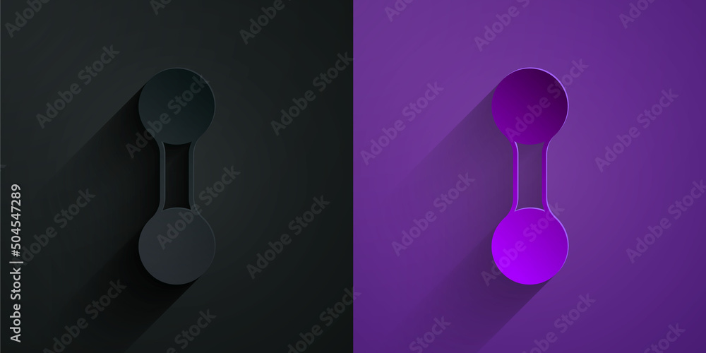 Paper cut Dumbbell icon isolated on black on purple background. Muscle lifting, fitness barbell, spo