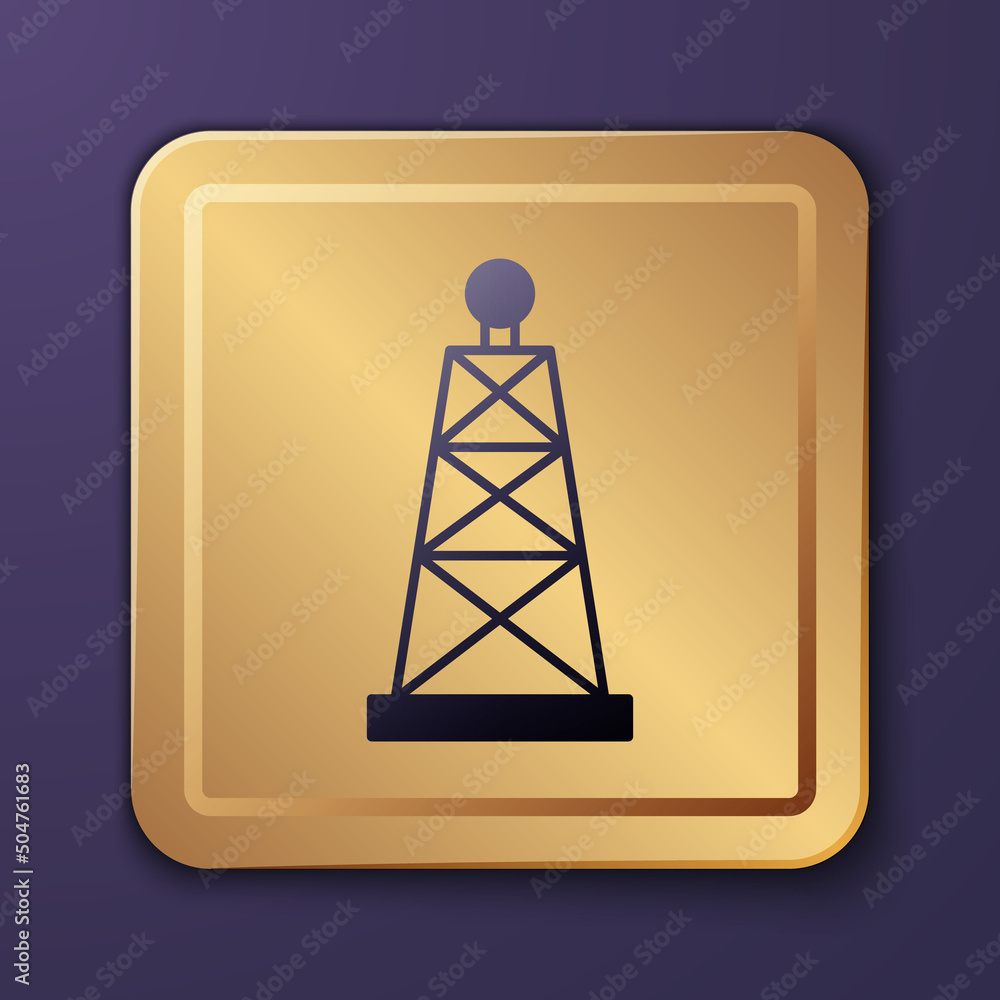 Purple Oil rig icon isolated on purple background. Gas tower. Industrial object. Gold square button.