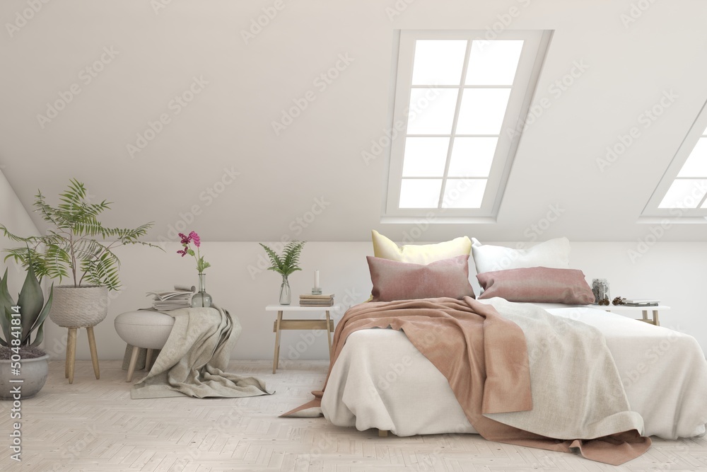 White bedroom interior. Scandinavian design. 3D illustration