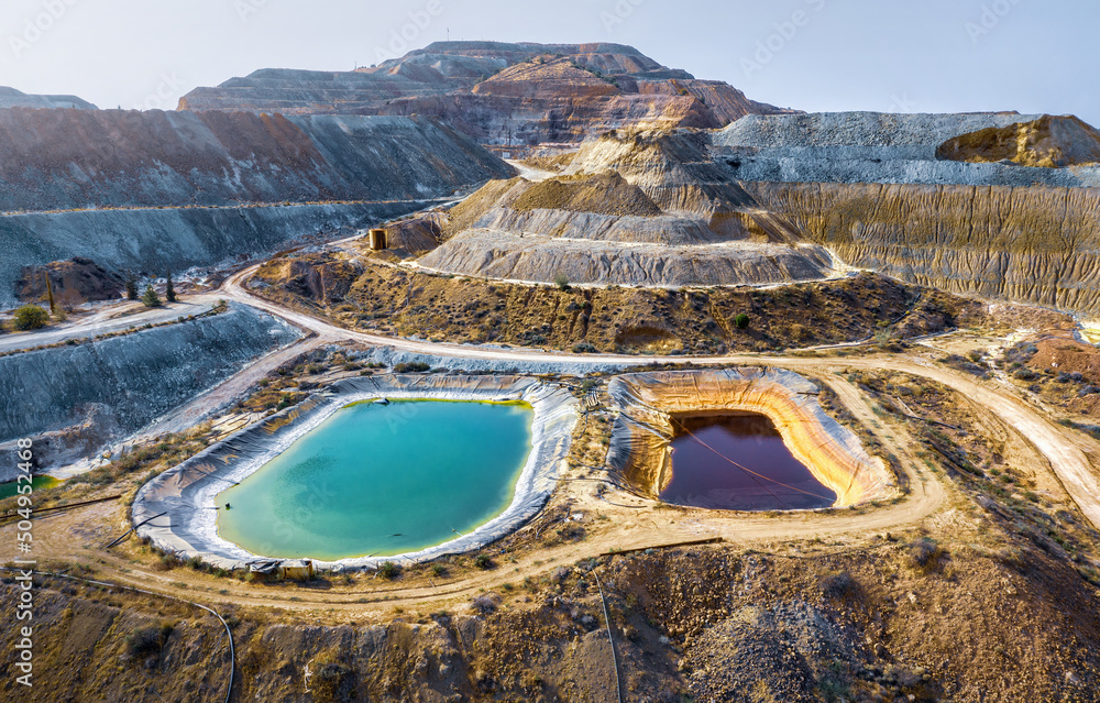 Multicolored reservoirs at Skouriotissa copper mine in Cyprus